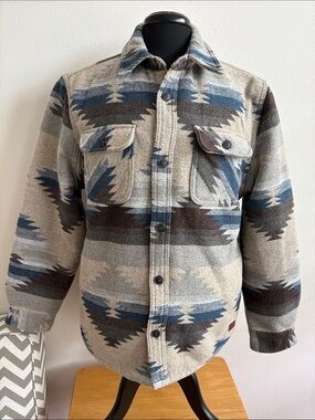 Jachs Men's Patterned Wool-Blend Shacket in Beige and Blue Size Medium
